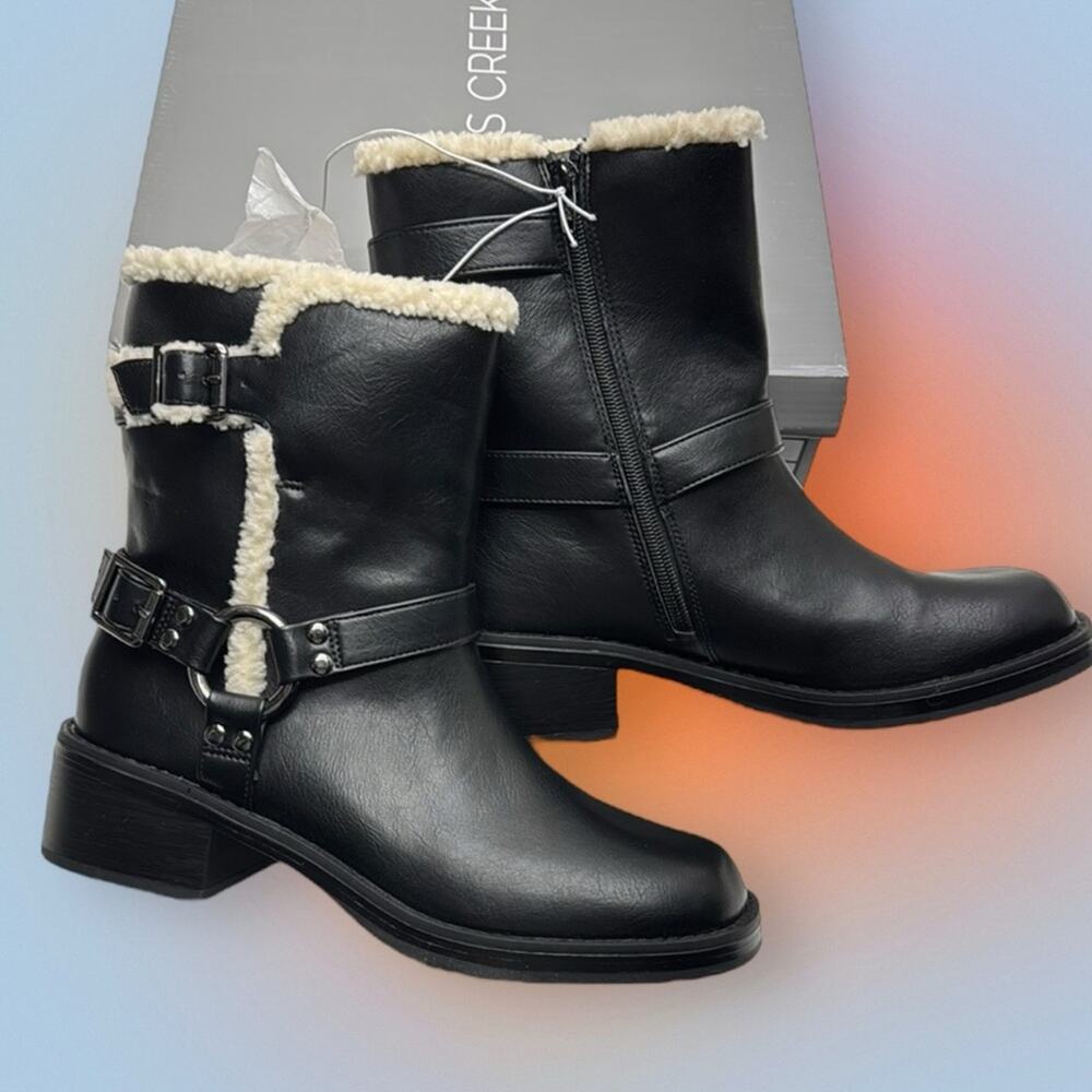 FALLS CREEK Women’s 9.5 Black Leather Flocking Boots with Cream Fur Trim